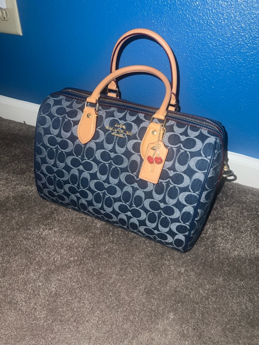 Coach Rowan Navy Signature Denim Satchel with Tan Trim and Cherry Charm